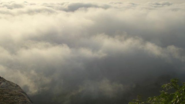 Morning mood and fog on mountain and sun with colorful clouds beatiful. Landscape sea fog and Sunrise Khao Phra Ya Dern Thong View Point. Phatthana Nikhom, Lopburi Thailand