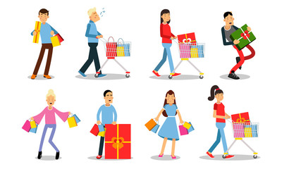 Fototapeta na wymiar Big Set Of Ten Pictures With People In Shopping Process Vector Illustration