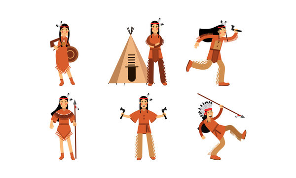 Vector Illustration Characters Set With Indigenous American People Isolated On White Background