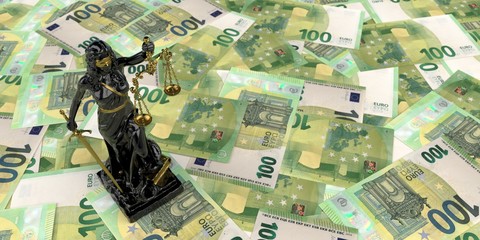 Schwarzgoldene Justitia Statue stehend auf dem Tisch mit 100 Euroscheinen © Alexander Limbach