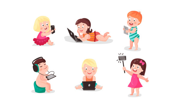 Little Children With Modern Electronic Gadgets Concept Set Of Vector Illustrations