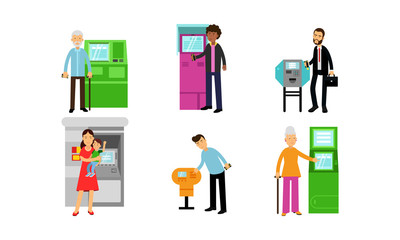 People Using Various Range Of Automatic Teller Machines Vector Illustrations Set