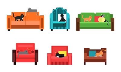 Set Of Six Flat Vector Illustrations With Cats On The Sofas