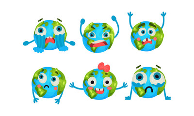 Obraz premium Vector Illustration Set With Six Cute Cartoon Earth Globe With Different Emotions Vector Illustrations