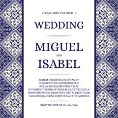 Traditional mexican wedding invite card template vector. Vintage floral tile pattern with white and navy blue. Portuguese background for save the date design or invitation party.