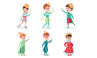 Set Of Vector Illustrations With Young Fairy Princes And Kings Cartoon Characters