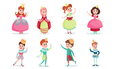 Set Of Vector Illustrations With Young Fairy Princes And Princesses In Crowns Cartoon Characters