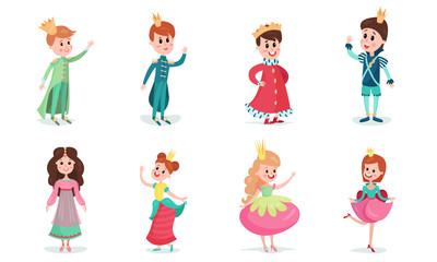 Set Of Vector Illustrations With Little Boys And Girls Wearing Fairy Princes And Princesses Costumes Cartoon Characters