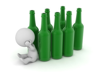 Stressed 3D Character with Many Green Bottles