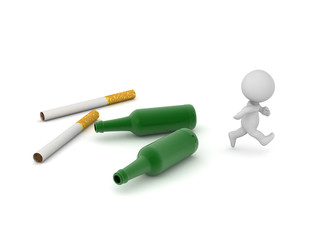 3D Character Running Away from Alcohol Bottles and Cigarettes