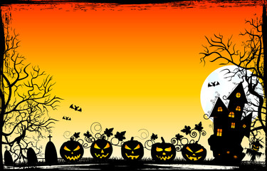 Halloween scary pumpkins on the eve of the holiday. Halloween night. Pumpkins, castle, tree silhouettes, grass, scarecrow, cemetery on a sunset background. Halloween background