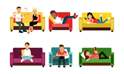 Illustration Set With People Indoor Entertainments At Home Isolated On White Background