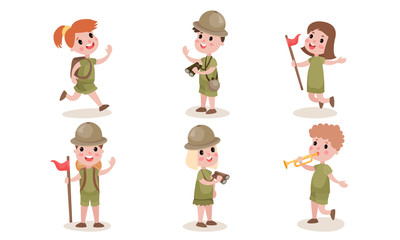 Set With Six Boys And Girls Scouts In Different Actions Vector Illustrations