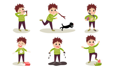Set Of Vector Illustrations With Six Boys Of Destructive Behaviour Cartoon Characters