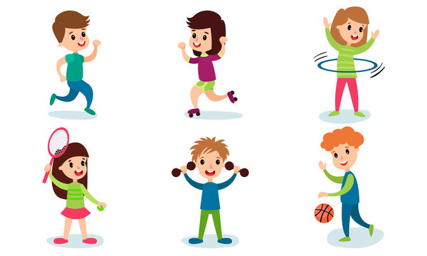 Set Of Vector Illustrations With Six Children Of Different Physical Activity Cartoon Characters