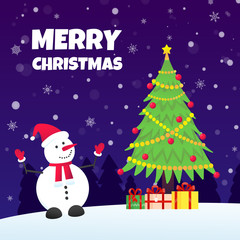 The snowman with hat, gloves, christmas tree fir and present gifts with falling snow flat style design vector illustration. Merry christmas and happy new year symbols postcard with text.