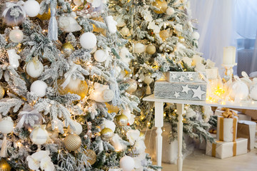 Christmas Room Interior Design, Xmas Tree Decorated By Lights Presents Gifts Toys white and gold, Candles And Garland, mirror