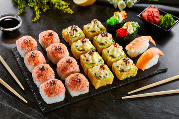 Delicious asian food, roll, sushi and gunkan set