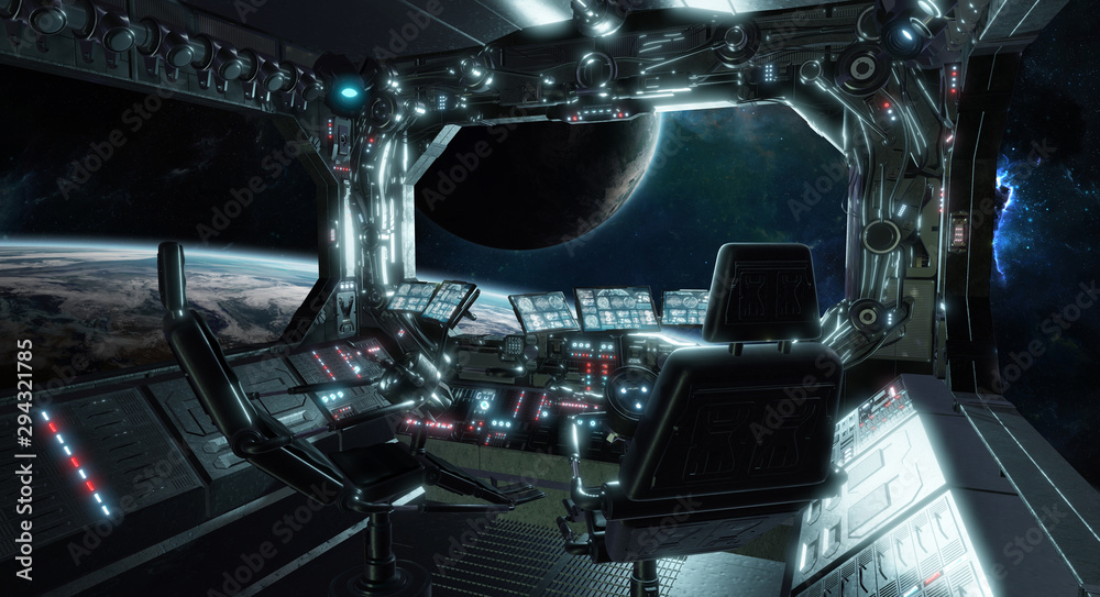 Poster Spaceship grunge interior control room with view on space 3D rendering elements of this image furnished by NASA