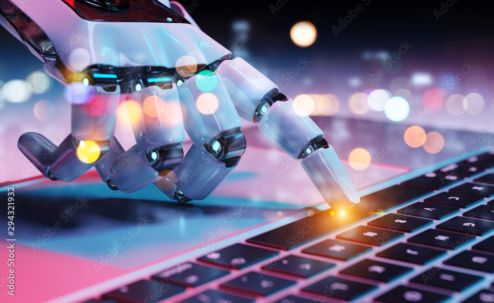 Fototapete robotic hand pressing a keyboard on a laptop 3d rendering