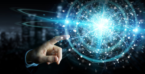 Businessman hand creating renewable and sustainable eco energy with electrical sphere 3D rendering