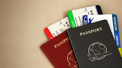 Black and red passports and airplane tickets. 3D illustration
