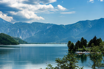 Fototapeta na wymiar Lake Caldonazzo and Italian Alps, Valsugana valley, Trento province, Trentino Alto Adige, Italy, Europe