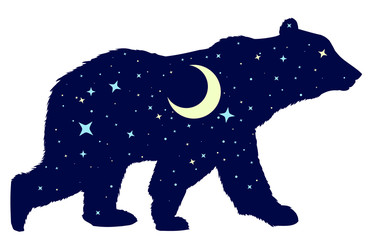 Silhouette of a wild bear with night sky and moon.