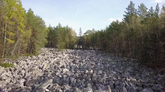 Taganay National Park in Russia in Autumn. Aerial View of "Big Stone River", Biggest Deposit Occurrence of Aventurine Quartz