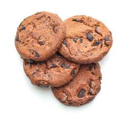 Tasty cookies with chocolate chips on white background