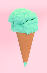 Green ice cream brain on pink background. Healthy food. Vitamins. Good for brains. 3D rendering.