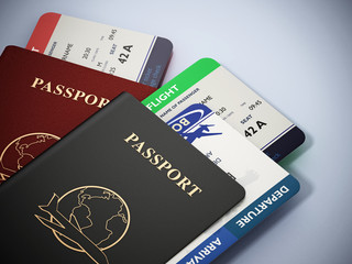 Black and red passports and airplane tickets. 3D illustration
