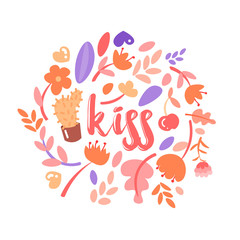 Feminist and cute girl power illustration set with lettering Kiss. Flowers, stickers, sweets with floral decoration around Kiss word. Cute cartoon feministic girl power collection