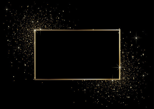 Black Christmas Background with Golden Frame and Gold Glitters - Graphic Design for Xmas Greetings and etc., Vector
