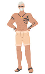 Fototapeta premium Strongman vector, isolated old man with tattoo and necklace male wearing sunglasses. Senior person flat style character weightlifter muscle personage