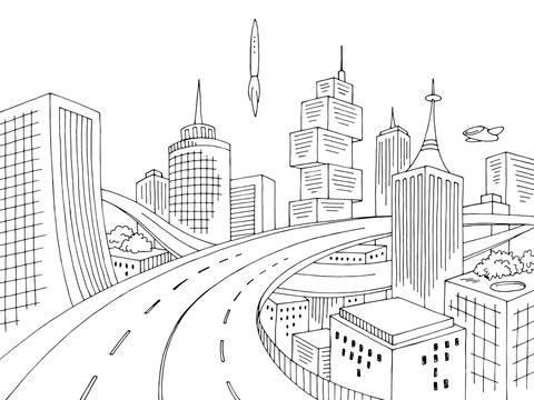 City of the future graphic black white cityscape skyline sketch illustration vector