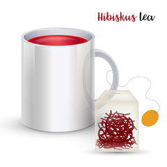 Realistic cup with red hibiskus tea and teabag isolated on white background. Vector © mariaaverburg