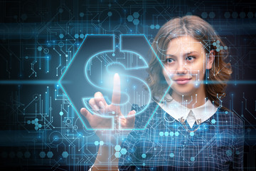 handmade entrepreneur, presses the virtual start button . chart icons in modern office