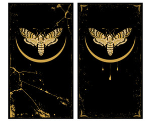 set of backgrounds with butterfly death head hawk and moon in gold and black colors