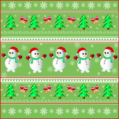 Cheerful, children's illustration with dancing snowmen, Christmas trees and snowflakes
