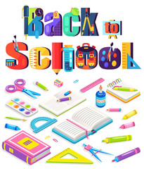 Back to school poster decorated by notebook and dividers, pen and pencil, scissors and ruler. Educational equipment, knowledge symbol, pupil vector. Flat cartoon isometric 3d