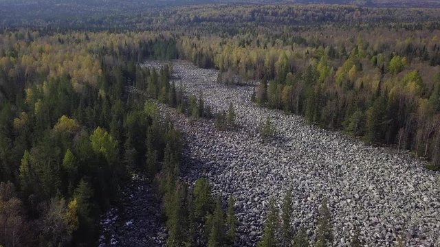 Taganay National Park in Russia in Autumn. Aerial View of "Big Stone River", Biggest Deposit Occurrence of Aventurine Quartz