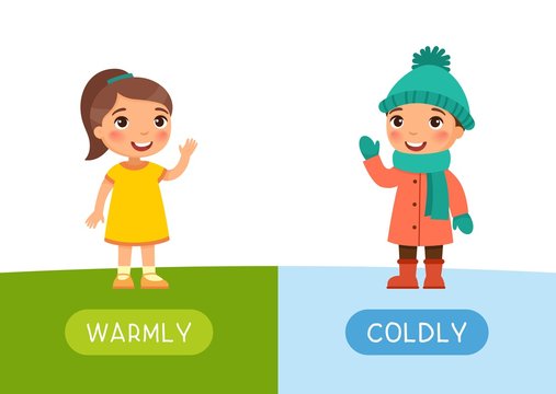 Childish flash card with antonyms vector template. Educational word card for english language with child. Seasons concept, summer and winter. Happy little girl flat illustration with typography