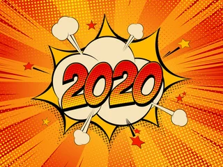 Frohes neues Jahr 2020 Pop Art Comic Hintergrund Blitzschlag Halbtonpunkte. © sanchesnet1