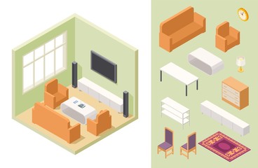 Living room isometric. Vector home interior and furniture. Couch, chair, shelf, table, carpet. Isometric furniture in living room interior illustration