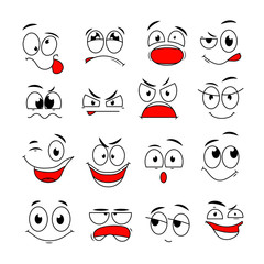 Cartoon face expression. Funny comic eyes and mouths with happy, sad and angry, surprise emotions. Doodle characters vector set. Illustration happy smile and angry sad emotion