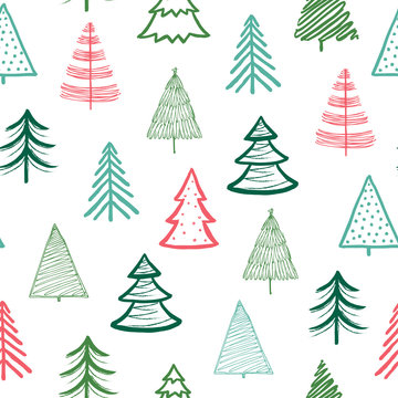 Doodle fir-tree pattern. Christmas tree handmade wallpaper. Xmas spruce cute sketch vector winter holiday seamless texture. Xmas sketch spruce, firtree repetition backdrop pattern drawing illustration