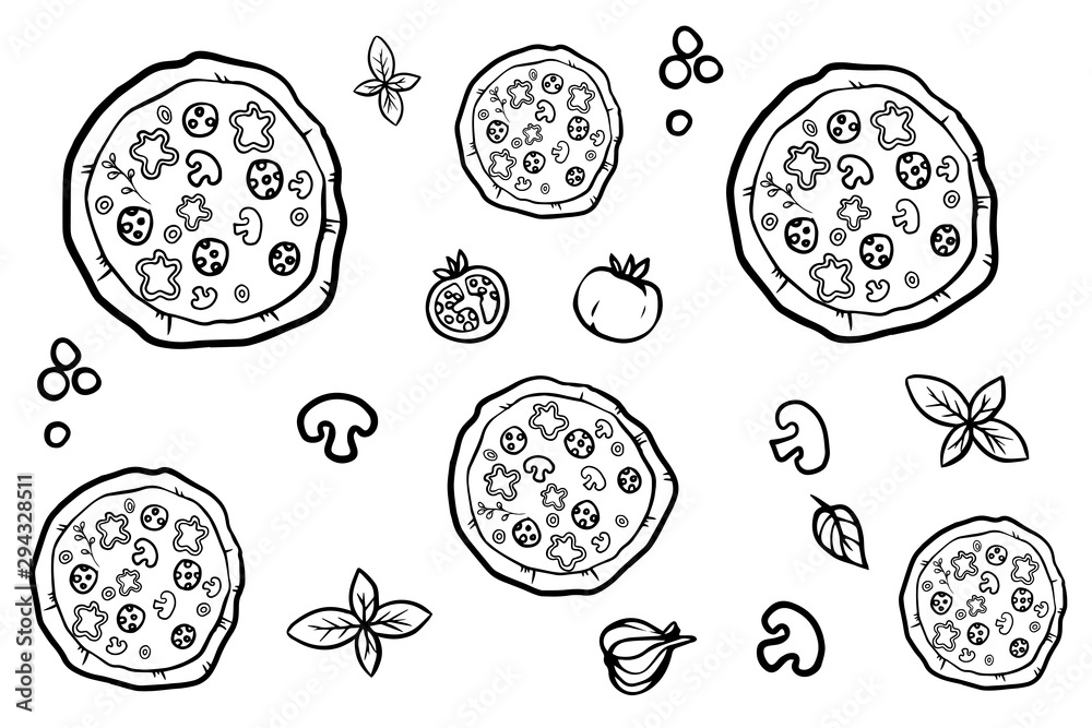 Wall mural Italian pizza and ingredients top view frame. Italian food menu design template. Vintage hand drawn sketch,  illustration. Engraved style illustration. Pizza label for menu.