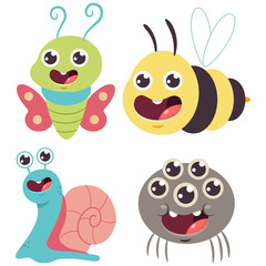 Cute bug vector cartoon set. Funny bumblebee, snail, butterfly and spider isolated on a white background.