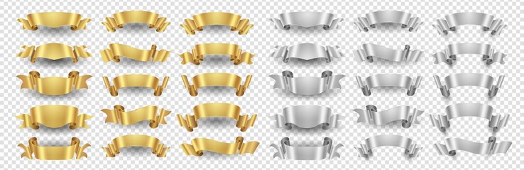 Ribbon banners. Gold silver ribbons vector set. Metallic banners isolated on transparent background. Illustration ribbon gold and silver design decoration